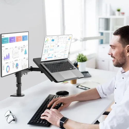 Vista 8 de WALI Soporte para laptop y monitor, soporte para monitor totalmente ajustable y bandeja para laptop para 1 portátil de hasta 17 pulgadas y 1