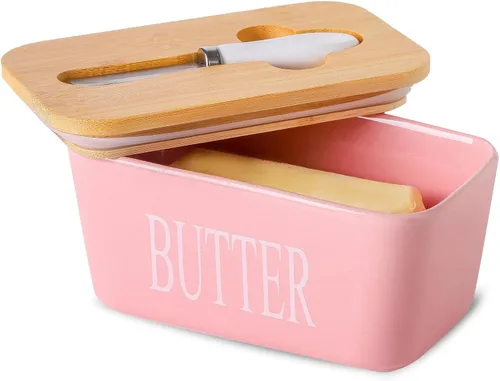 Vista 15 de Hasense Mantequillera de porcelana con tapa de bambú – Mantequera cubierta con cuchillo de mantequilla para encimera, recipiente hermético