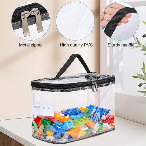 Vista 7 de Paquete de 4 bolsas de almacenamiento grandes transparentes para juguetes con etiqueta de nombre, funda organizadora de juguetes de PVC impermeable