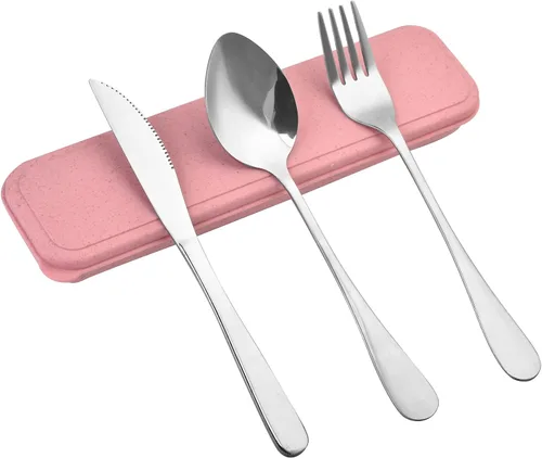 Vista 8 de Juego de cubiertos de viaje con estuche, utensilios reutilizables portátiles - Cuchara, cuchillo, tenedor y caja de almuerzo Beige