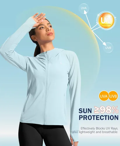 Vista 6 de Soothfeel Chaqueta con capucha y protección solar UPF 50+ para mujer, ligera, de manga larga, con bolsillo, para senderismo al aire libre d-celeste