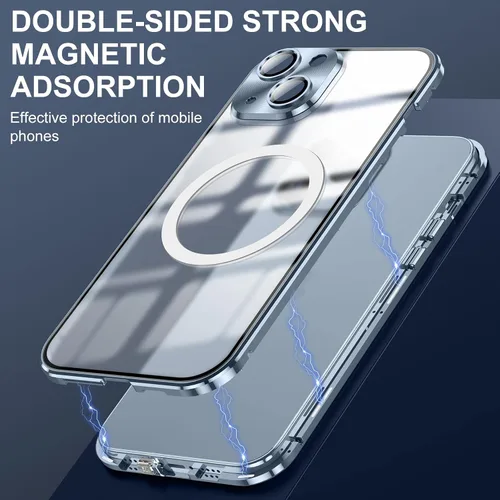 Vista 4 de Funda para iPhone 14, protección de doble cara de 360 grados, compatible con Magsafe de absorción magnética, parachoques de metal frontal de vidrio