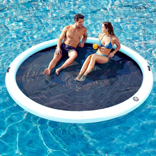 Vista 11 de Muelle flotante inflable redondo de 6 a 12 pies, anillo de flotador Sunchill, hamaca de agua para broncear flotadores de piscina con tela tejida