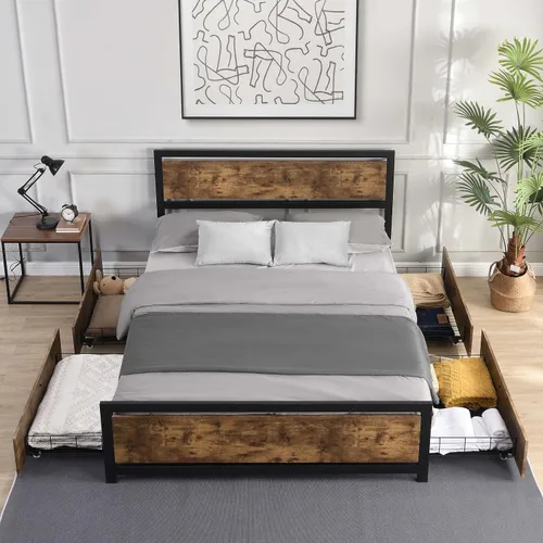 Vista 6 de Base de cama matrimonial resistente con 4 cajones, plataforma de almacenamiento de metal con cabecera de madera y espacio de almacenamiento, base