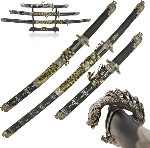 Vista 11 de Snake Eye Tactical Highlander Dragon Design Handle Samurai Katana - Juego de espada triple con soporte de espada