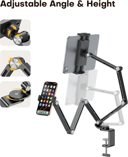 Vista 4 de OMOTON GH03 - Soporte para tablet con rotación de 360°, soporte de teléfono de brazo largo de aleación de aluminio GH03 con 2 abrazaderas de Negro