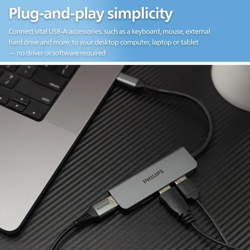 Vista 8 de Philips Concentrador multipuerto USB-C, con pantalla HDMI 4K, 10bps y 2 puertos de datos USB-A de 5 Gbps, entrega de energía de 100 vatios, conector