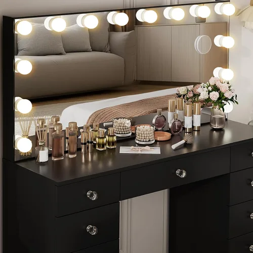 Vista 7 de VOWNER Tocador con espejo iluminado - Escritorio de maquillaje con luces y 11 cajones, 3 modos de iluminación de color con brillo ajustable