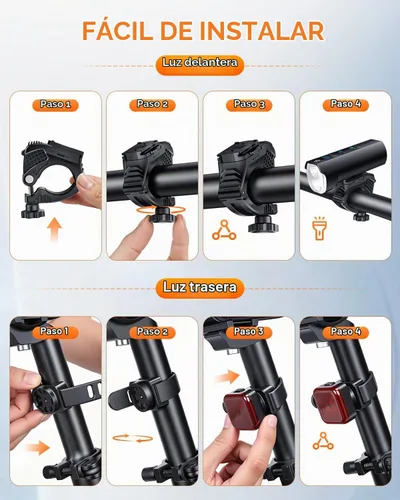 Vista 9 de Luces de bicicleta 2026 para conducción nocturna, luces de bicicleta recargables de 5000 mAh delanteras y traseras, 11+5 modos de juego de faros