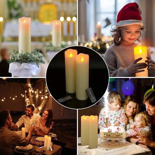 Vista 7 de PChero Velas parpadeantes sin llama de 10 x 3 pulgadas con control remoto y temporizadores, velas LED de cera real que funcionan con pilas, juego
