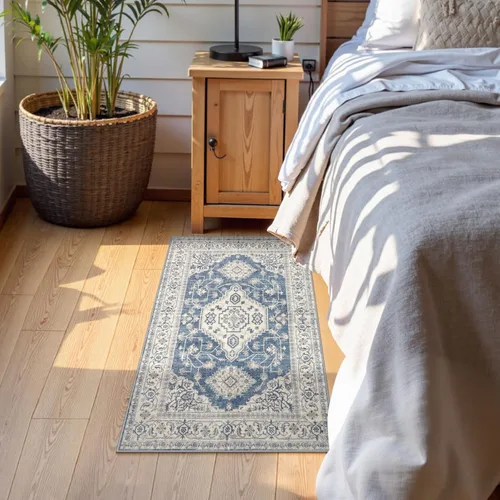 Vista 4 de Lahome Alfombra oriental lavable de área pequeña, 2 x 3 pies, para entrada, cocina, ultra fina, suave, tapete antideslizante para puerta de Azul