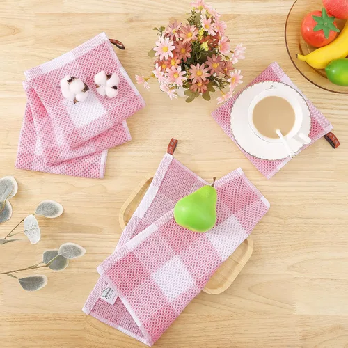 Vista 6 de Homaxy 100% Cotton Check 6 Pack Dish Cloths, 12" x 12", White & Pink Blanco & Rosa