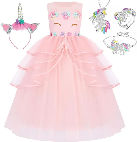 Vista 11 de Vestido de princesa unicornio, disfraz, joyas y diadema para niñas pequeñas Princesa sirena 9