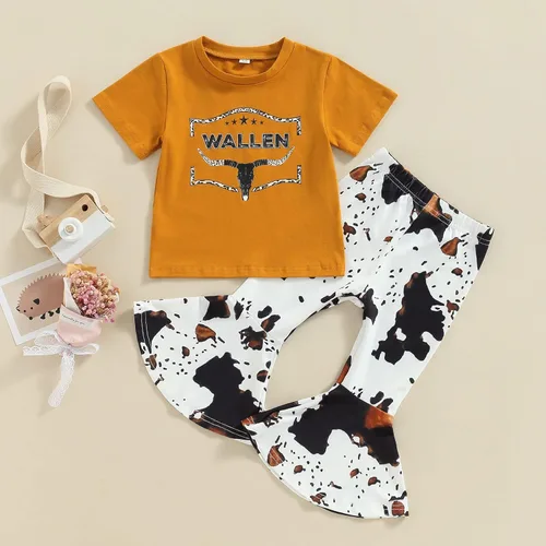 Vista 86 de fhutpw Conjunto de camiseta de manga corta con estampado de vaca y pantalones acampanados de dibujos animados para niñas