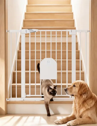 Vista 13 de Babelio - Puerta de seguridad con cierre automático para bebés con puerta para gatos, puerta de metal de 73-109 cm para puertas, escaleras, casa