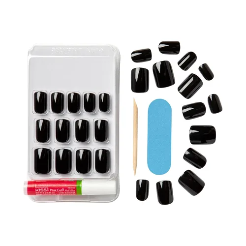 Vista 4 de KISS Gel Fantasy, uñas a presión, pegamento de uñas incluido, 'Aim High', negro, tamaño corto, forma cuadriculada, incluye 28 uñas, 0.07 onzas