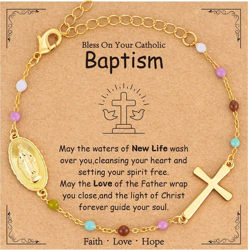 Vista 8 de Pulsera de cruz católica de la Virgen María para niñas y mujeres, pulsera de cuentas de rosario, primera comunión, confirmación, bautismo, madrina