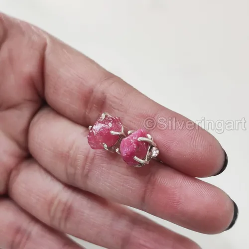 Vista 6 de AAA Rough Ruby Stud Earring, Natural Ruby Earring, July Birthstone, Womens Earring, 925 Sterling Silver, Christmas, Thanksgiving, Mens Studs