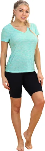 Vista 5 de icyzone Camisetas de entrenamiento para mujer - Camisetas de yoga para gimnasio, correr, fitness, cuello en V