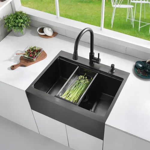 Vista 8 de Luckyhorse LH008SZ - Fregadero de cocina negro de 28 x 22 pulgadas con caída en la parte superior, estación de trabajo, fregadero de cocina