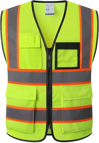 Vista 10 de Chaleco de seguridad para mujer, chaleco de alta visibilidad con 8 bolsillos y cremallera frontal, chaleco reflectante de malla que cumple