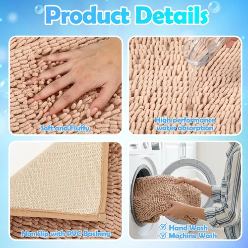 Vista 4 de Juego de 6 alfombras de baño de felpilla antideslizantes, alfombras de baño de felpa suave, absorbentes, juego de alfombras de baño peludas