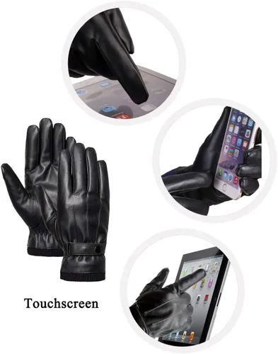 Vista 4 de SANKUU Winter Leather Gloves for Men, Touchscreen Snap Closure Cycling Black Gloves Outdoor Riding Warm Waterproof Gloves