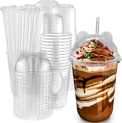 Vista 13 de Qsqwsuye Juego de 50 vasos desechables de plástico transparente de 12 onzas con tapas de cúpula y pajitas, vasos de plástico duraderos para fiestas