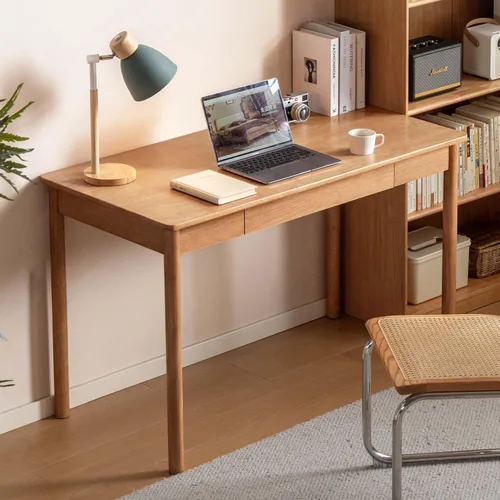 Vista 26 de Escritorio de madera maciza con acabado de nogal, escritorio pequeño para oficina en casa, escritorio de computadora para espacios pequeños