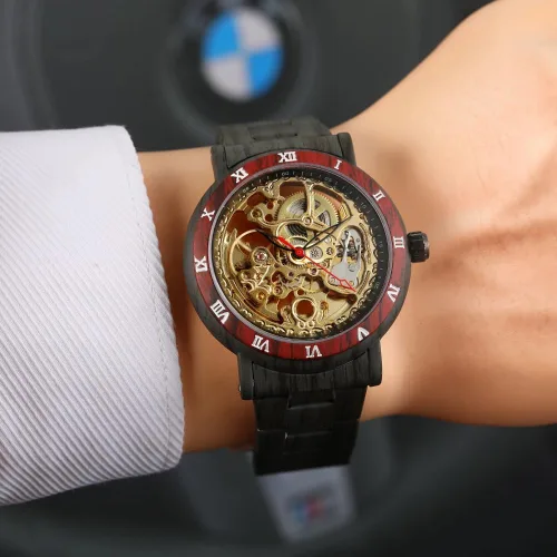 Vista 5 de FORSINING Reloj de pulsera con correa para hombre, diseño de esqueleto, tallado automático, movimiento de engranaje, manecillas luminosas, patrones