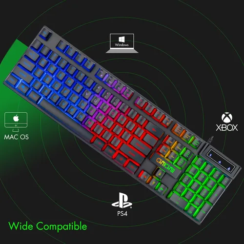 Vista 5 de CHONCHOW Teclado y mouse para juegos con retroiluminación LED USB con iluminación de 104 teclas 3600DPI 2 botones laterales Teclado de mouse
