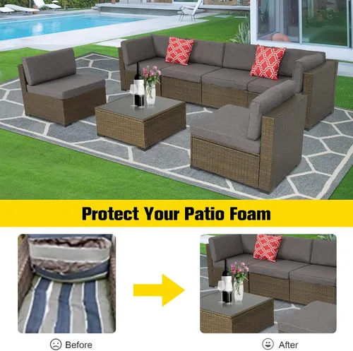 Vista 6 de KINTNESS Fundas de cojín de repuesto para sofá modular de ratán de 7 piezas, 14 fundas impermeables para cojines de patio con cremallera