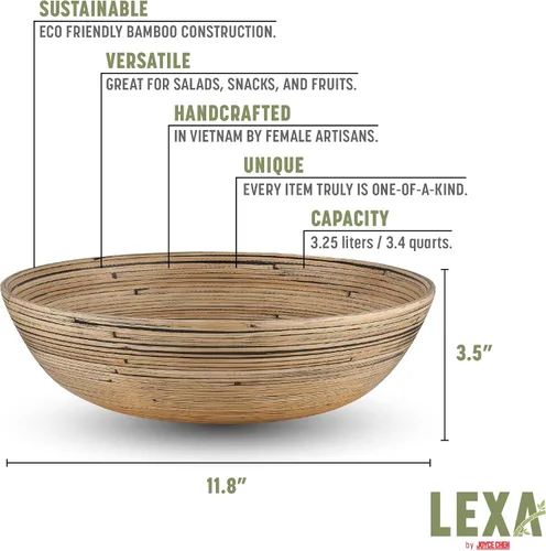 Vista 3 de LEXA Ensaladera de bambú hecha a mano de 12 pulgadas, cuenco de fruta grande de madera de 130 onzas para encimera de cocina, bambú negro