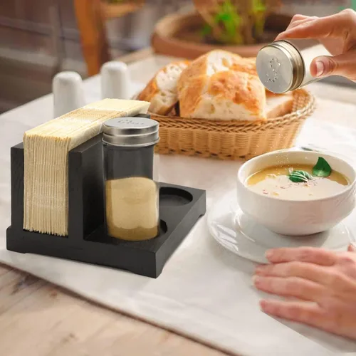 Vista 2 de AKKO Servilletero rústico con salero y pimentero, servilletero de madera para mesa con 2 botellas de especias, perfecto para mesa de comedor