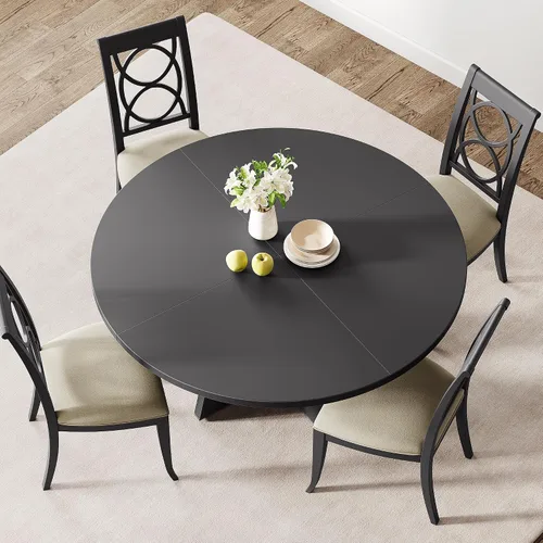 Vista 2 de IDEALHOUSE Juego de mesa de comedor redonda de 47 pulgadas para 4 a 6, mesa de cocina de granja con parte superior de madera y base de pedestal