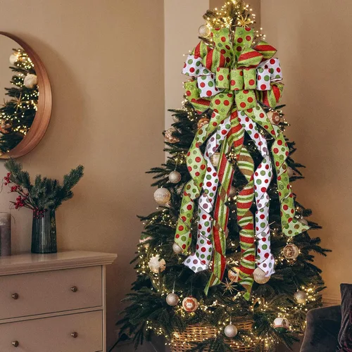 Vista 5 de Adorno de lazo grande para punta de árbol de Navidad y corona, lazo con cinta de poliéster con puntos verdes y rojos, para hogar, Acción de Gracias