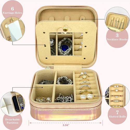 Vista 2 de Timbomfun Organizador de joyas de viaje pequeño portátil, joyero de viaje con espejo, artículos esenciales de viaje para vacaciones, práctico joyero