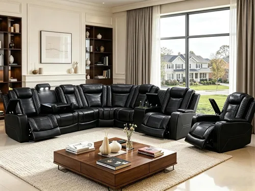 Vista 26 de Juego de sofá seccional reclinable de cuero, sofá seccional con 4 sillones reclinables Juegos de muebles de sala con 3 reclinables, luz LED