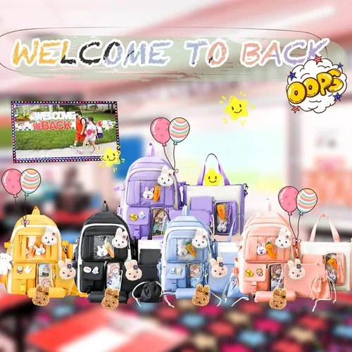 Vista 9 de TEMI 5 piezas de suministros para el regreso a clases mochila kawaii para mochila escolar bonita mochila para niña lindo bolso de mano accesorios