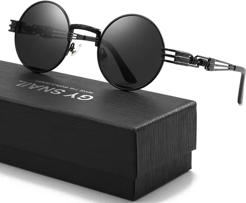 Vista 5 de Round Polarized Steampunk Sunglasses Men, Circle Metal Frame, Hippie Shades