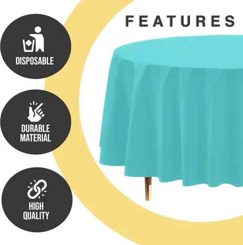 Vista 7 de Exquisite 66% Thicker Premium Aqua Round Tablecloth 0.5 Mil 6 Pack Plastic Table Cloth Disposable 84 Inch Round Plastic Tablecloth Won't Tear Easily