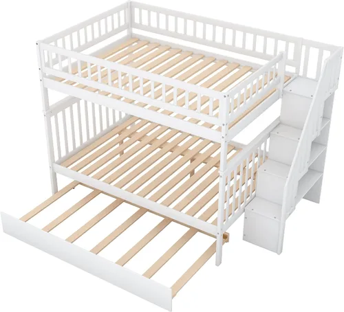 Vista 5 de Litera de madera para niños, tamaño matrimonial sobre matrimonial, con escaleras, cama nido de almacenamiento para niños y niñas, no necesita somier
