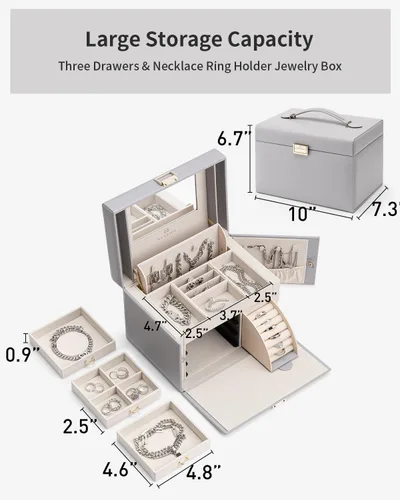 Vista 4 de Vlando Joyero organizador para niñas y mujeres, organizador de joyas barroco grande con espejo, 3 cajones para pulseras, aretes, anillos, collares