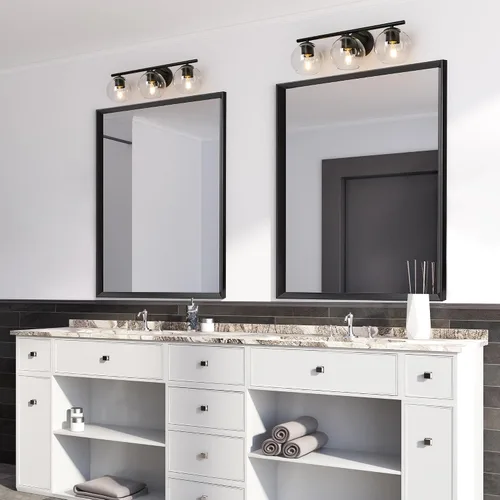 Vista 7 de classy leaves Lámparas de baño, 3 luces negras claras, modernas luces de tocador de baño de granja con pantalla de vidrio