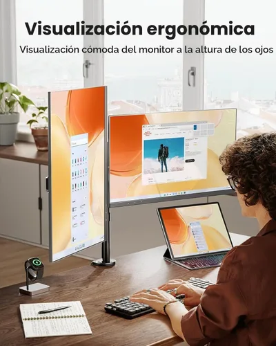 Vista 8 de ErGear - Soporte para dos monitores, resistente y ajustable, montaje de escritorio para monitores de hasta 32 pulgadas, altura totalmente ajustable