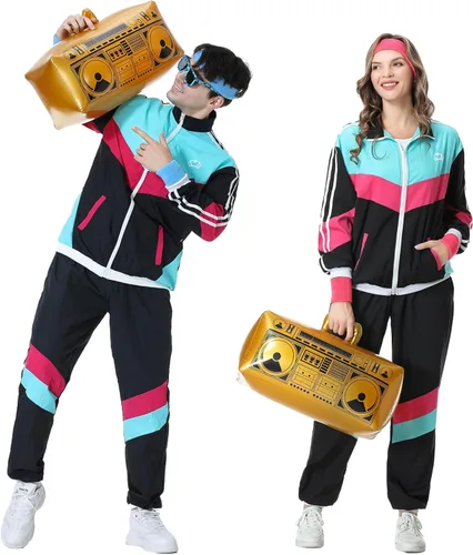 Vista 3 de Conjunto deportivo de los años 80 para hombres y mujeres, conjunto de rompevientos retro de los años 80 y 90 para hombres, traje deportivo