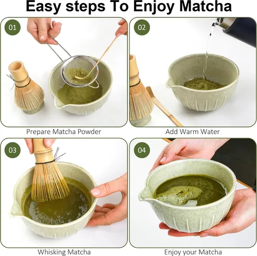 Vista 5 de Juego de tazón de matcha y batidor de té, colección de 7 piezas: cuenco de cerámica de 19 onzas, soporte para batidores, cuchara de bambú