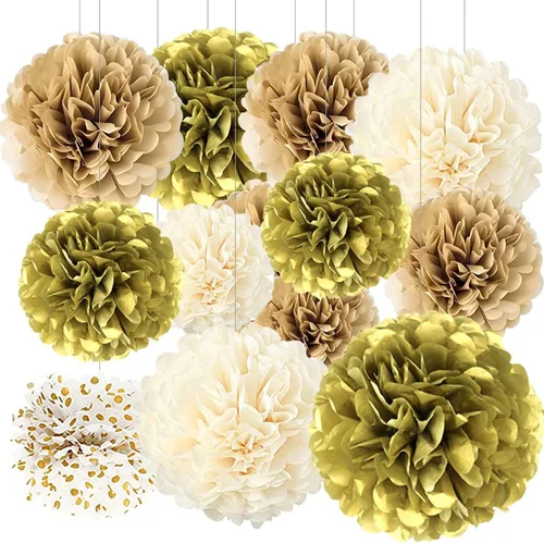 Vista 12 de BRZIKWT 12 pompones de papel de seda de punto ondulado degradado negro y dorado para fiesta, techo, colgar en la pared, decoración de flores
