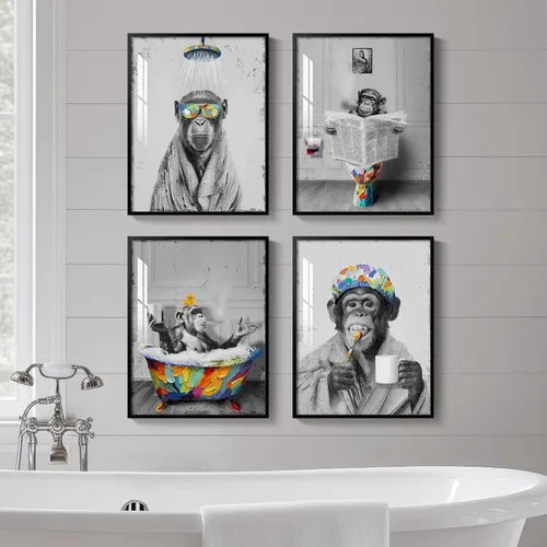 Vista 13 de Arte de pared divertido de vaca de las tierras altas enmarcado para baño, 4 piezas de divertidos animales, impresiones artísticas azul marino, linda