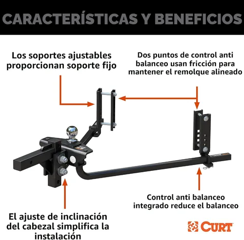 Vista 3 de CURT 17601 TruTrack 2P Enganche de distribución de peso de barra redonda con 2X control de balanceo, hasta 10K, vástago de 2 pulgadas, bola